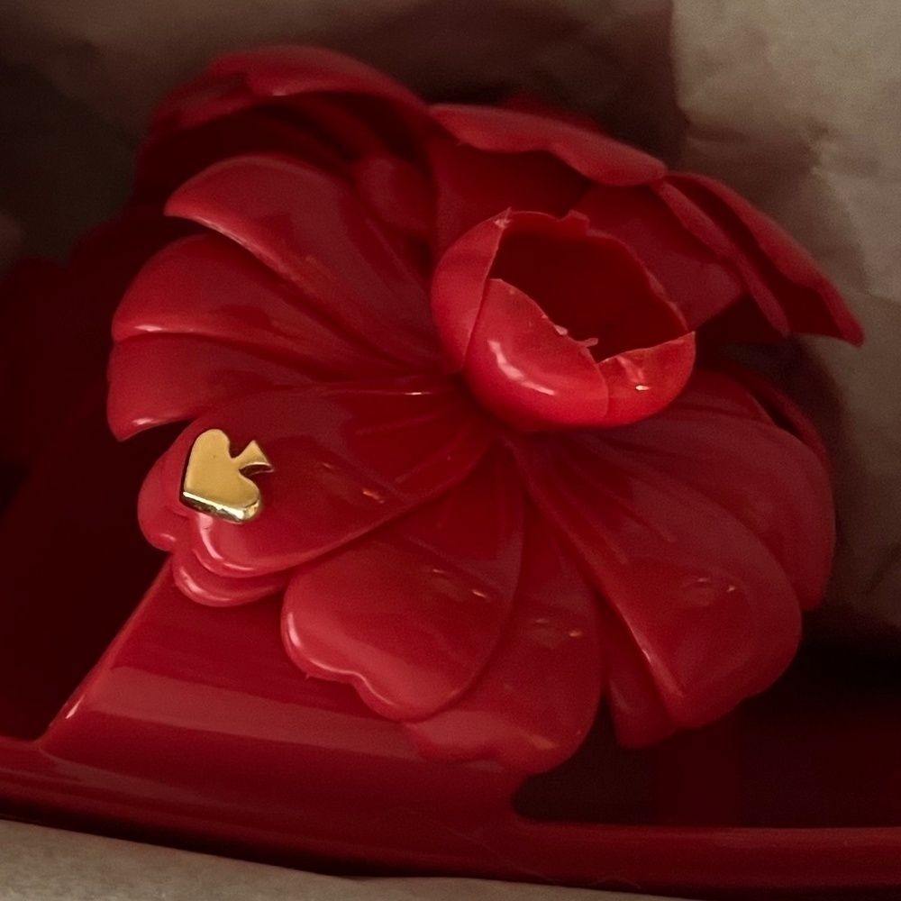 kate spade new york::Jaylee Floral Gold Logo Jelly Sandals::Ponderosa Red::NIB:: - Picture 6 of 10